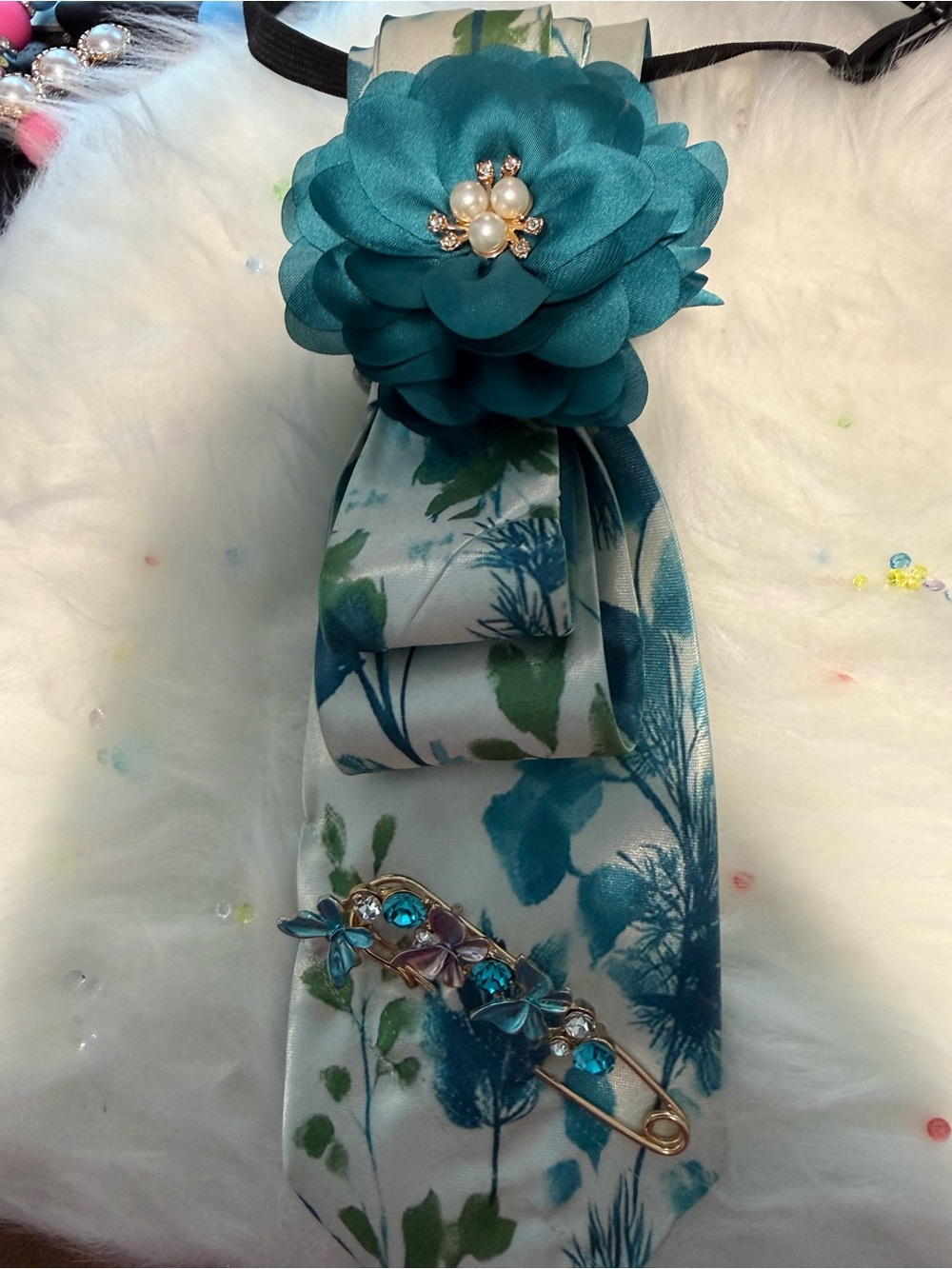 Floral Teal Satin Ribbon Brooch with Gem Accent - Women Accessories